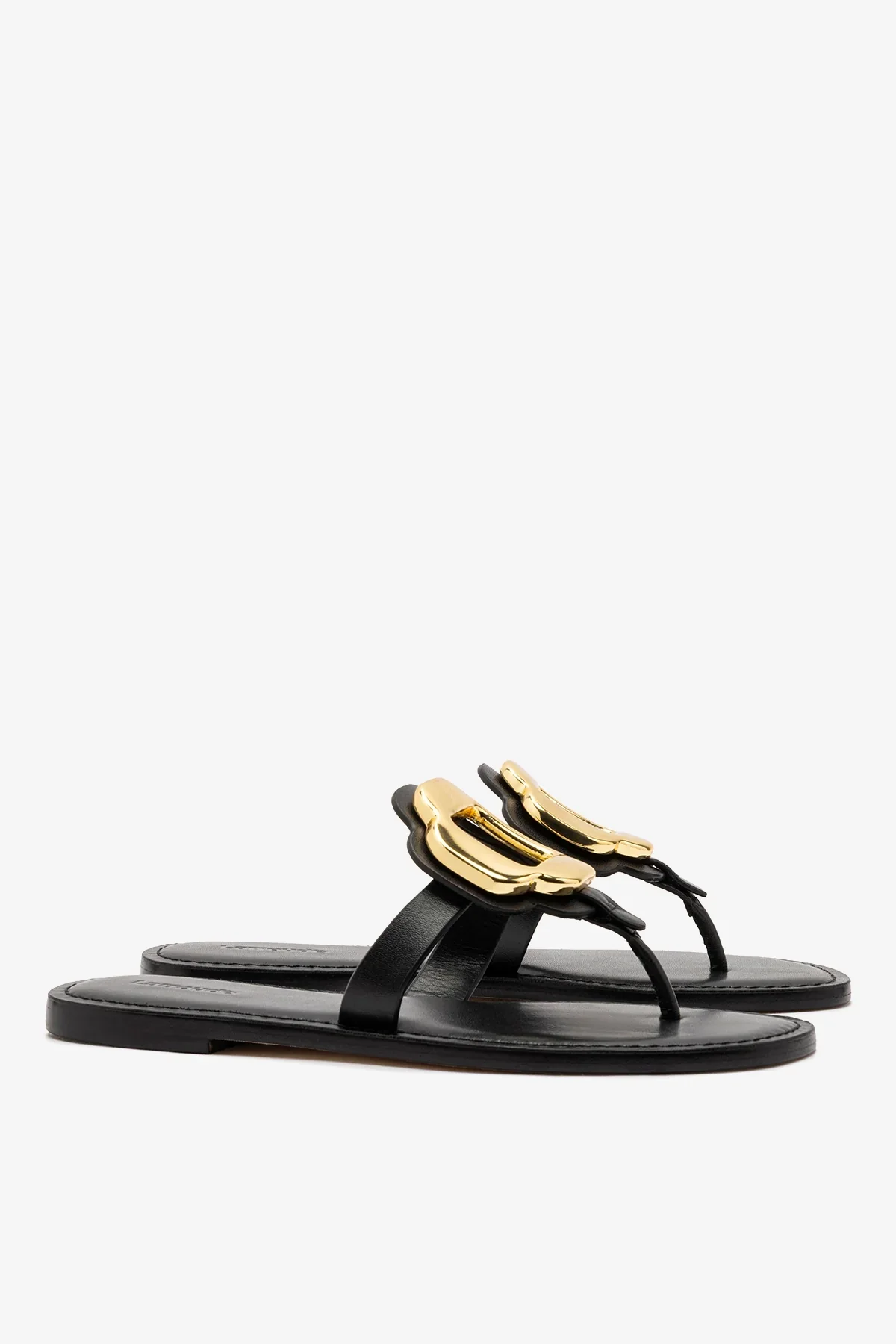 Sandália Flat Margherita Couro Preto e Metal Dourado - Image 3