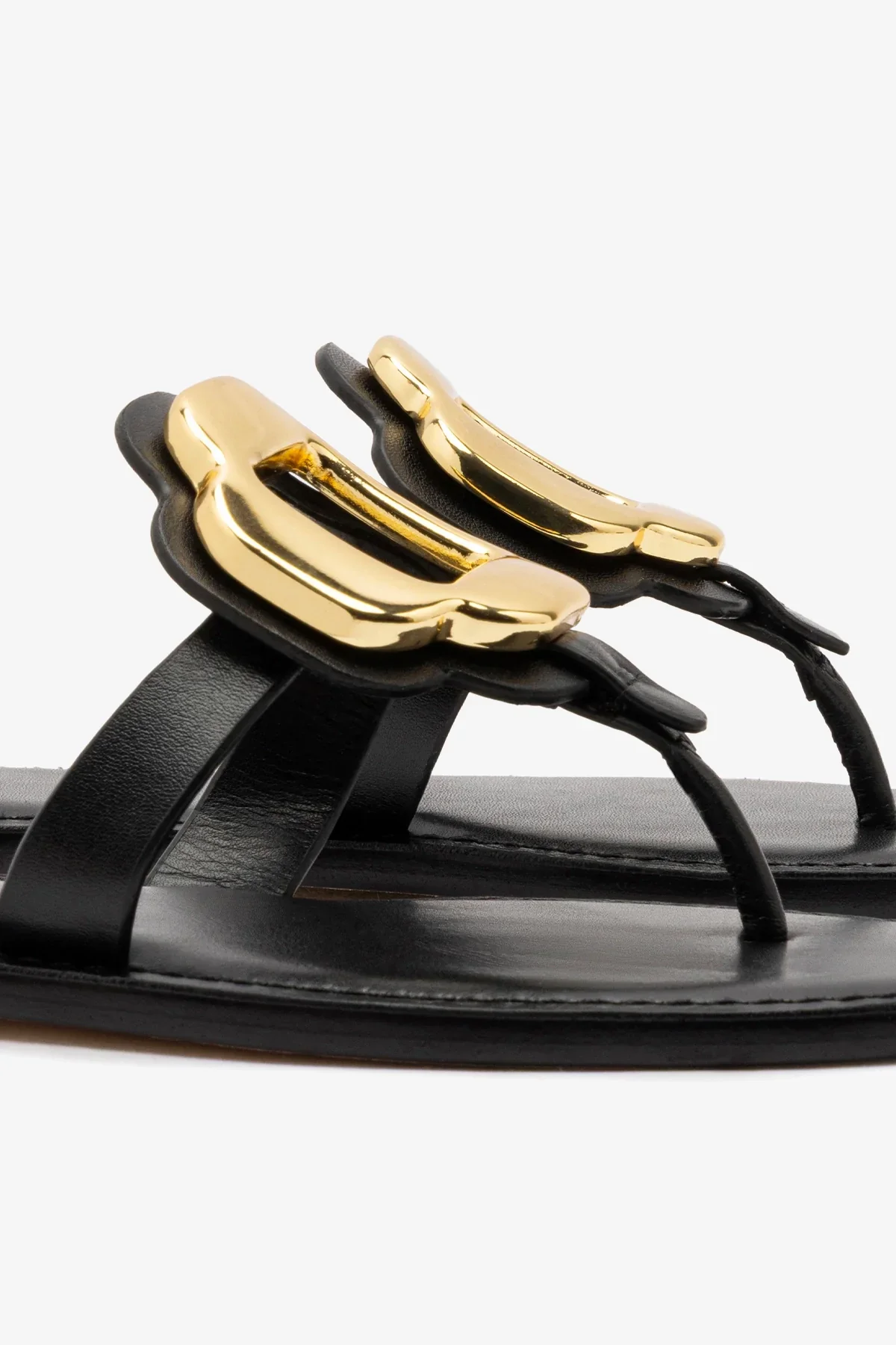 Sandália Flat Margherita Couro Preto e Metal Dourado - Image 4