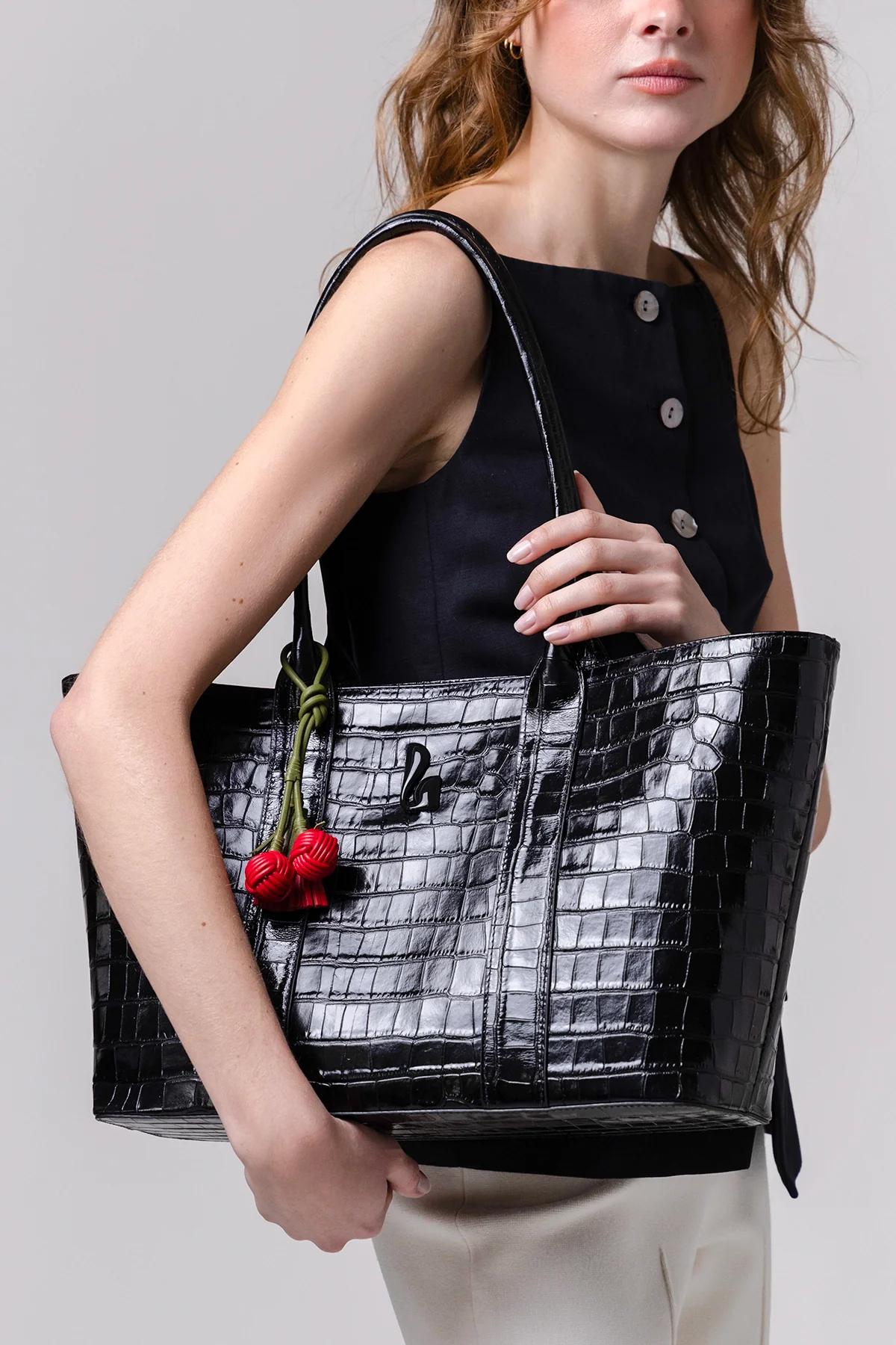 Bolsa Tote Bag City Couro Croco Preto - Image 2