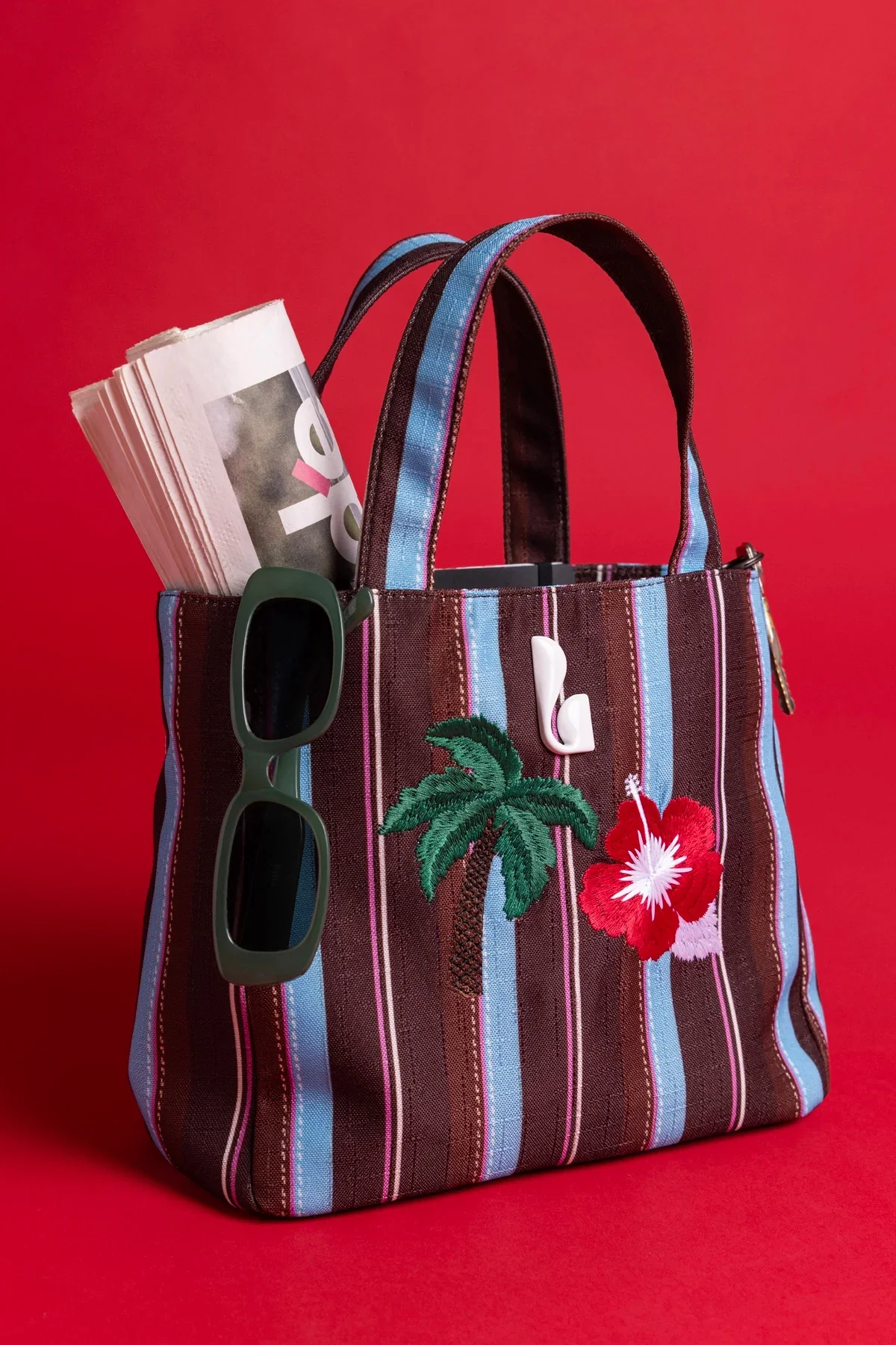 Bolsa Tote Bag Poppy Mini Ráfia Listrada Marrom - Image 2