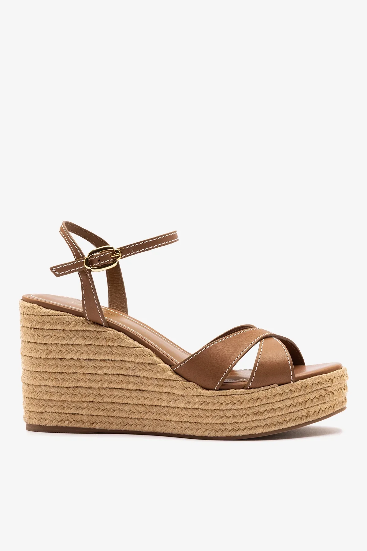 Sandália Anabela Espadrille Bianca Couro Caramelo