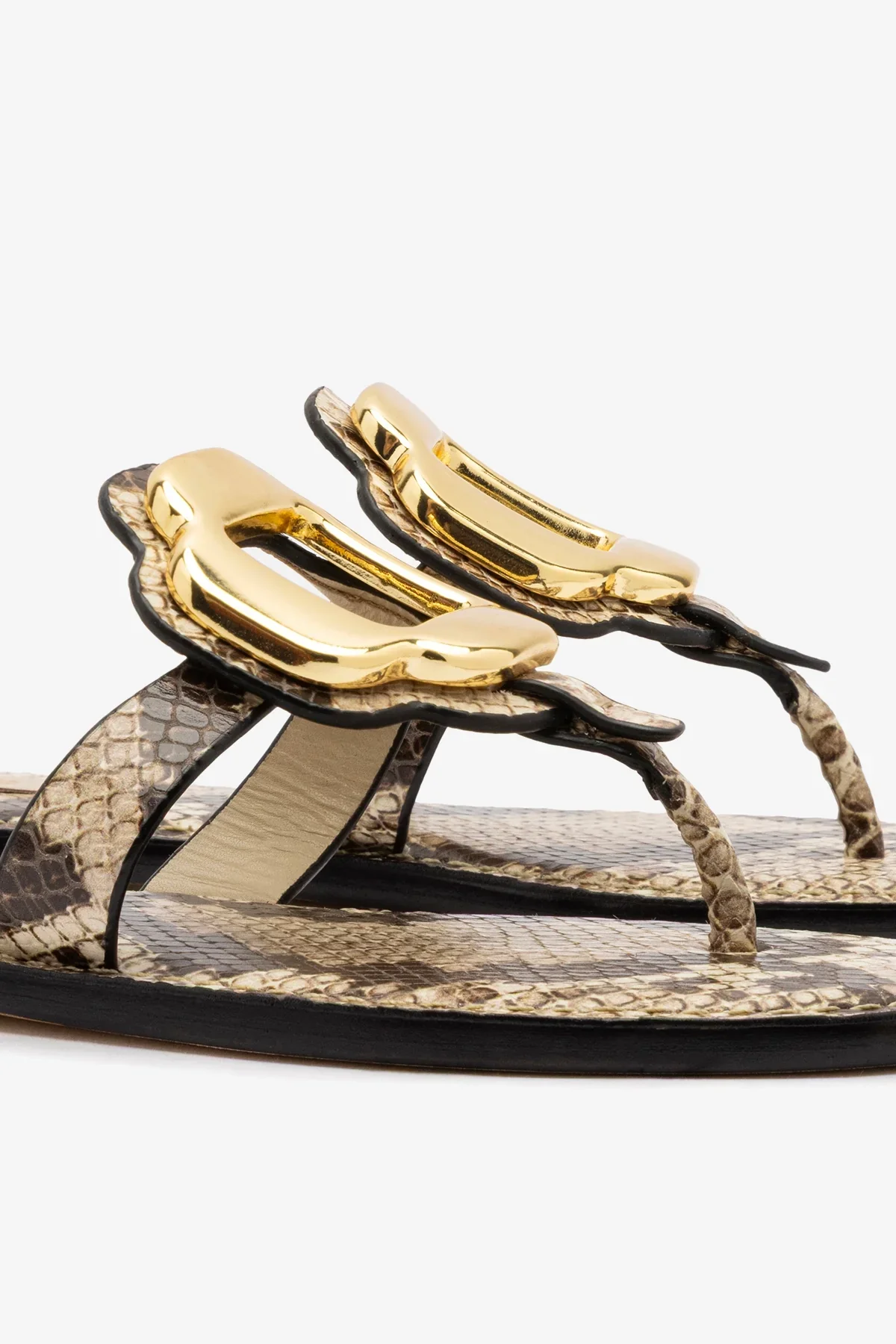Sandália Flat Margherita Couro Cobra Bege e Metal Dourado - Image 4